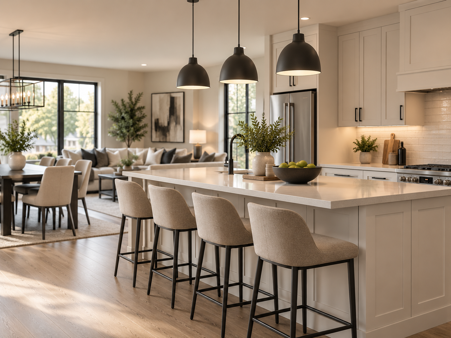 Shared kitchen with an island and stools, opening onto the common living area