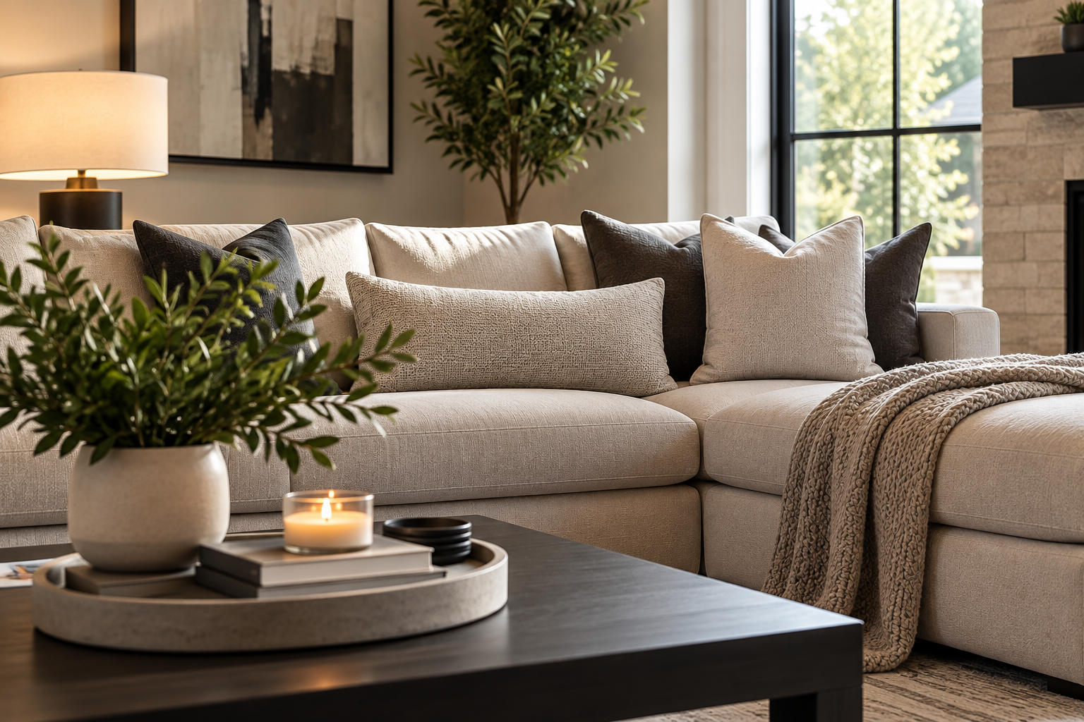 Furnished living room with a beige sectional sofa
